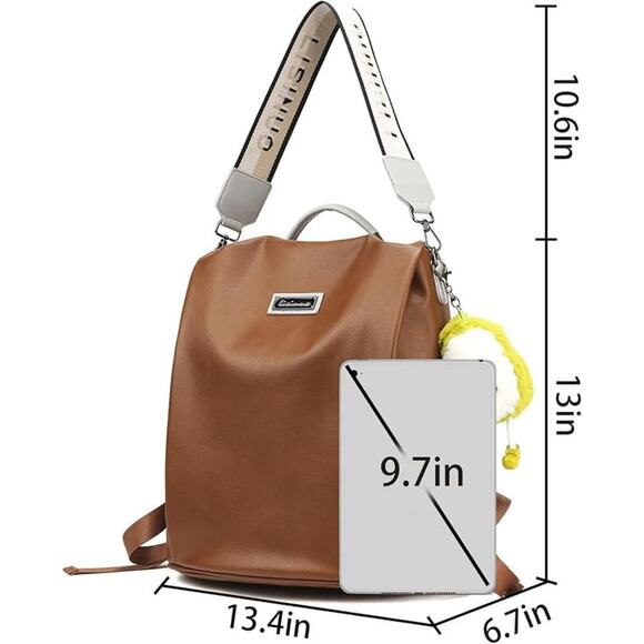 Brown Faux Leather Backpack Purse with Cute Plush Keychain - Picture 2 of 6